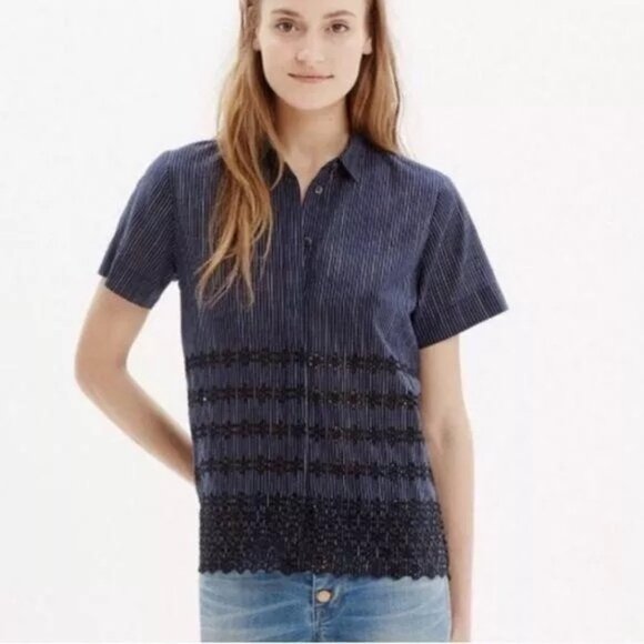 Madewell Pinstripe Eyelet Short Sleeve Cotton Button Down Shirt Navy XS - Picture 1 of 17
